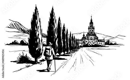 Pilgrim on a journey to a historic monastery sketch