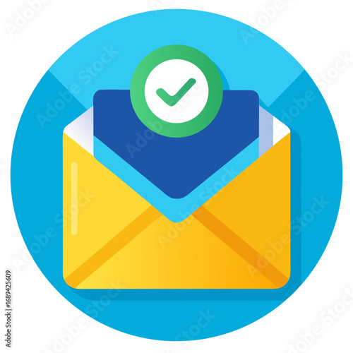 Email confirmation icon with check mark. Cartoon vector illustration.