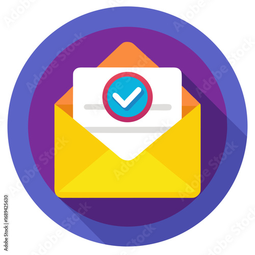Email confirmation icon with check mark. Flat vector illustration.