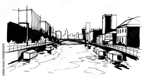 City canal with barges and riverside buildings