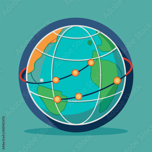 Globe with a path line indicating a route around the world. Flat vector illustration.