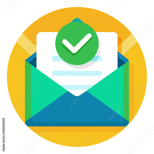 Email confirmation icon with check mark. Cartoon vector illustration.
