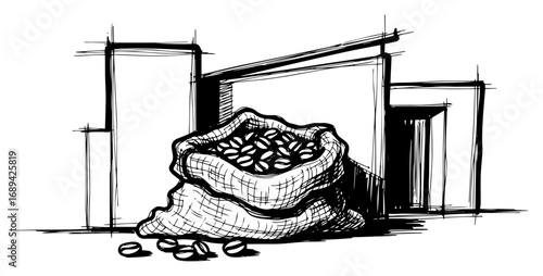 Burlap sack of coffee beans at warehouse door