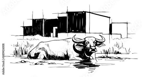 Water buffalo wallowing in village pond vector illustration