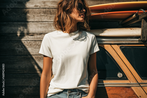 Casual young woman in plain white t-shirt poses outdoors, looking stylish, natural, and effortlessly modern.