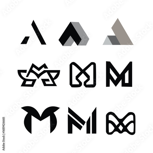 Collection of abstract geometric logo designs featuring letters a and m in various modern styles