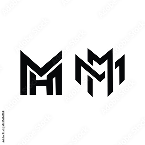 Modern abstract geometric monogram logo designs featuring stylized letters m and h