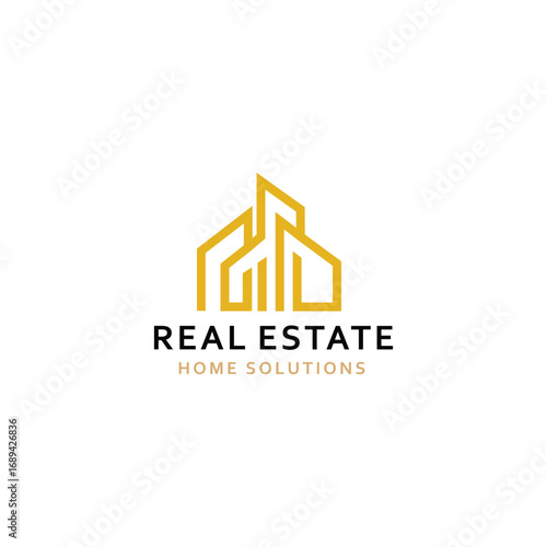 Modern abstract yellow line art building icon representing real estate business and property development