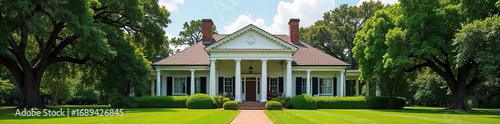 Grand Southern plantation house, classic columns, sprawling lawn, antebellum charm, wide porch, picturesque landscape  Perfect for historical, architectural, or real estate imagery ,  grass,  trees