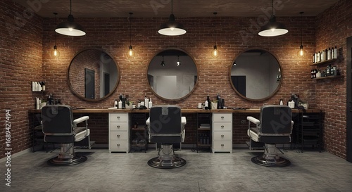 Barber shop with brick walls three chairs mirrors  pendant lights
