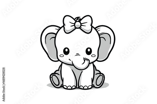 Cute cartoon baby elephant with a bow illustration vector graphic on white background kids decor baby shower invitation