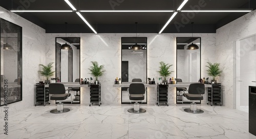 Modern hair salon with three styling stations marble walls and black accents