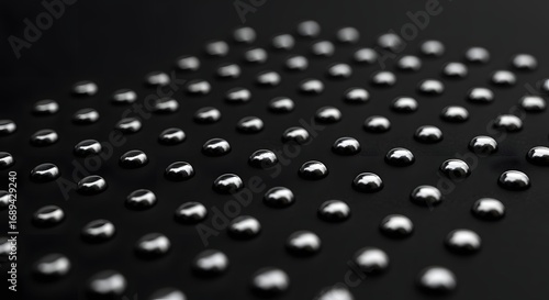 A grid of shiny silver droplets evenly spaced on a flat black surface in a monochrome photograph