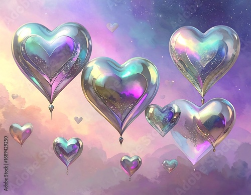 Heart-shaped balloons in a dreamy sky