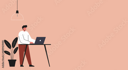 Modern man working remotely on a laptop at a standing desk, surrounded by a minimalist workspace. Represents productivity, flexible work, and modern lifestyle.