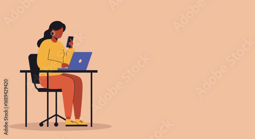 Illustration of a woman focused on her laptop and smartphone at a desk, representing remote work, online communication, and modern productivity.