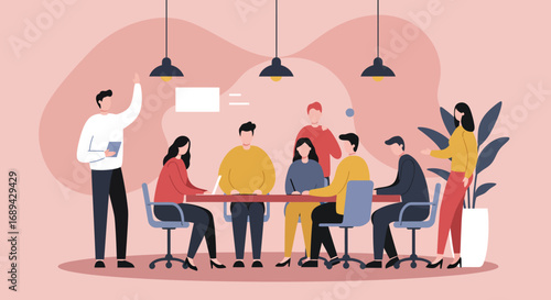 Diverse team collaborating in a modern office meeting, discussing ideas and strategizing for business growth. Represents teamwork, innovation, and effective communication.