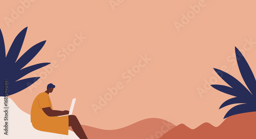 Man working on laptop in a calm, minimalist natural setting with tropical plants, symbolizing remote work, digital lifestyle, and freedom.
