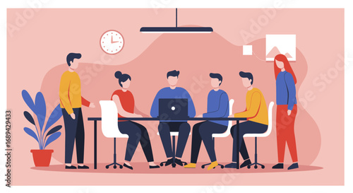 Team of diverse professionals collaborating in a modern office meeting room, discussing strategy and working on a project together.