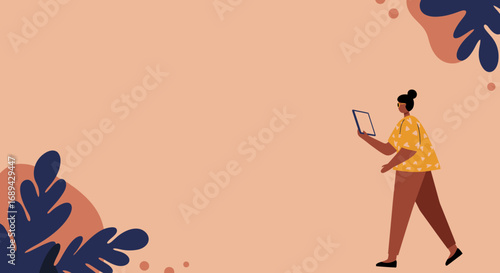Modern flat illustration of a woman walking and using a tablet, ideal for digital lifestyle, technology, business, or education concepts.