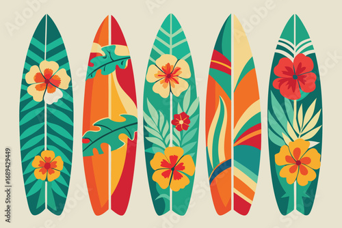 Five Colorful Surfboards Arranged in a Row Design