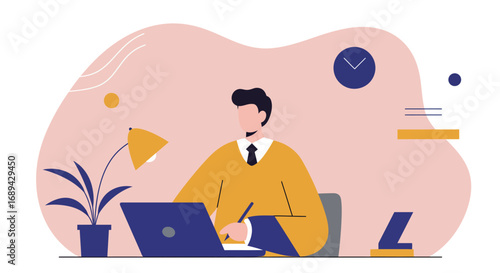 Man working diligently at his desk with a laptop and pen, ideal for concepts of remote work, online learning, productivity, and modern business.
