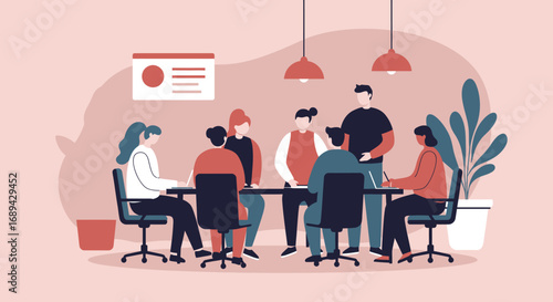 Diverse business team collaborating in a modern office meeting, discussing strategies and ideas. Represents teamwork, innovation, and professional partnership.