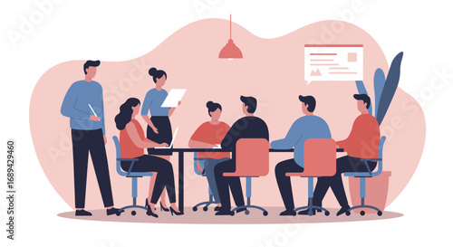 Professional team collaborating in an office meeting, discussing ideas and strategies. Illustrating teamwork, communication, and corporate development.