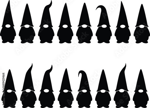 Cute gnome silhouettes, garden gnomes collection, black and white cartoon figures, fantasy dwarf characters, whimsical decorative statues, vector illustration, magic hat shapes