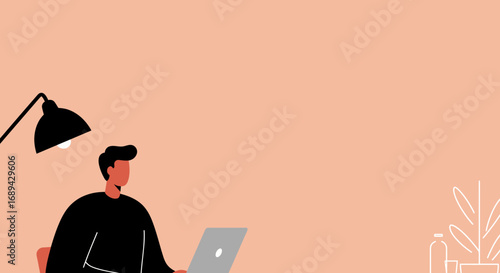 A man works diligently on his laptop in a minimalist home office setting, representing remote work, productivity, and modern lifestyle.