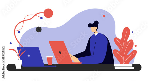 Professional illustration of a person engaged in remote work or online study, symbolizing productivity, innovation, and modern digital lifestyle.