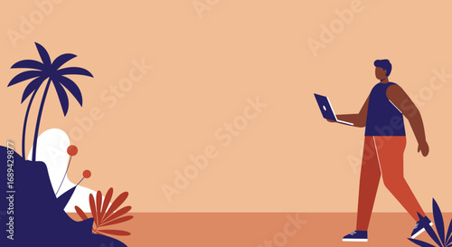 A person works remotely on a laptop in a vibrant, stylized tropical setting, embodying freedom and modern flexible work-life balance. Perfect for business, travel, and lifestyle concepts.