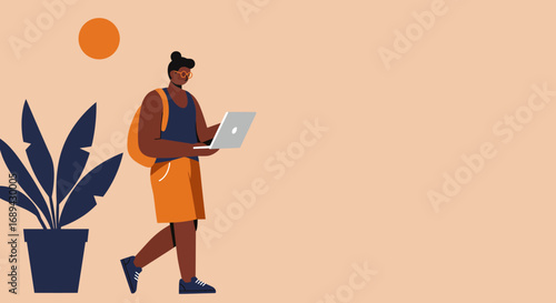 Young person walks casually, working on a laptop, symbolizing remote work, digital nomad lifestyle, and flexible education. Ideal for tech, business, or travel content.
