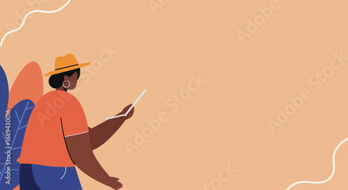 Modern illustration of a person in a hat using a digital tablet, surrounded by abstract plants. Ideal for technology, lifestyle, and communication themes.