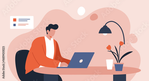 Illustration of a man working productively on a laptop at a contemporary desk, representing remote work and digital business concepts.