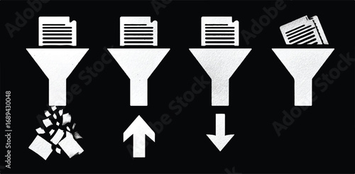 Data Processing Workflow Represented by Funnels with Document Inputs Showing Different Transformation Outcomes on Black Background