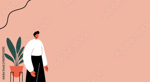 Minimalist illustration of a person standing calmly next to a potted plant, symbolizing modern lifestyle, home, or contemplation.