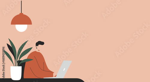 Focused person working on a laptop in a modern, minimalist home office. Captures productivity, remote work, online learning, and digital lifestyle.
