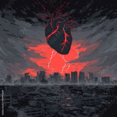 Anatomic Heart Over Abstract Skyline