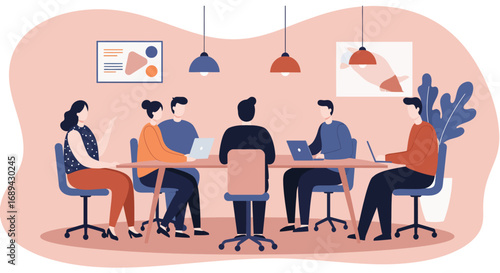 Diverse team collaborating in a modern office meeting, discussing business strategy and ideas. Ideal for concepts of teamwork, productivity, and professional development.