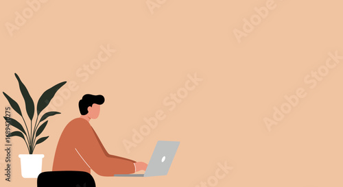 Minimalist illustration of a man working remotely on a laptop with a plant. Represents productivity, online learning, and modern work-life balance.