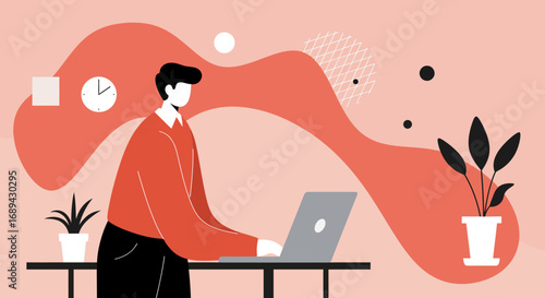 Man in a modern, minimalist workspace actively typing on a laptop, symbolizing remote work, digital productivity, and online education.