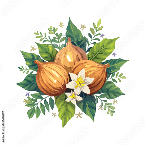 Onions and white flowers nestled among green leaves on a black background, creating an appealing, organic, and fresh aesthetic.