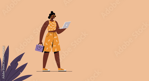 Modern woman working remotely on laptop while traveling with a stylish handbag. Represents freedom, digital nomad lifestyle, and contemporary business.