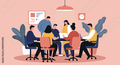 A diverse team collaborates in a modern office meeting, discussing ideas, strategizing, and working together on a project. Ideal for business, startup, and corporate themes.