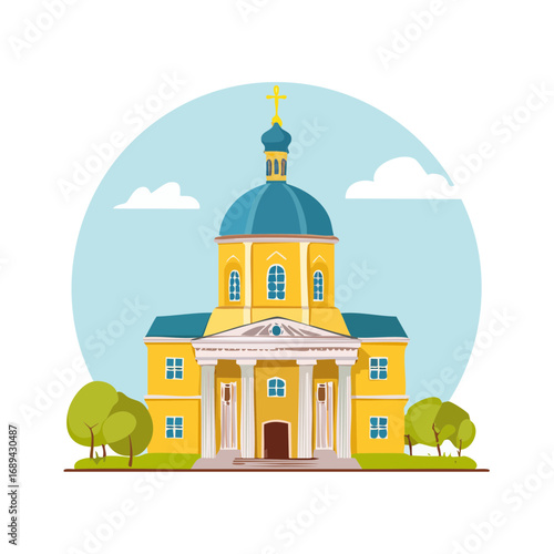 Cartoon church building exterior with dome, cross, and columns on a summer day