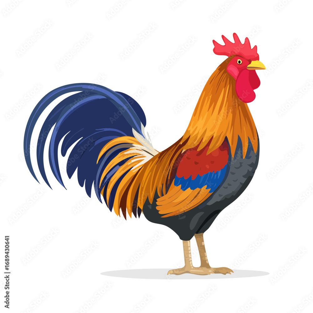 Fototapeta premium Illustration of a Colorful Rooster with a Red Comb and Blue Tail Feathers on Black Backdrop