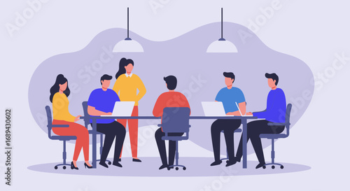 Business team collaborating in an office meeting with laptops, discussing strategies and ideas. Perfect for corporate and startup themes.