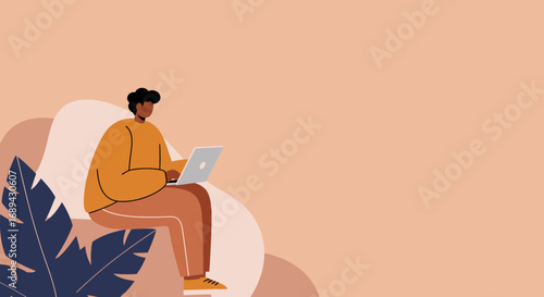 Modern man working remotely on a laptop in a relaxed, illustrative setting. Concept of freelance, digital nomad, and flexible lifestyle.