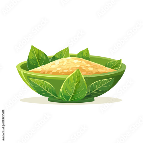Cartoon style bowl with cooked rice and green leaves for healthy balanced meal
